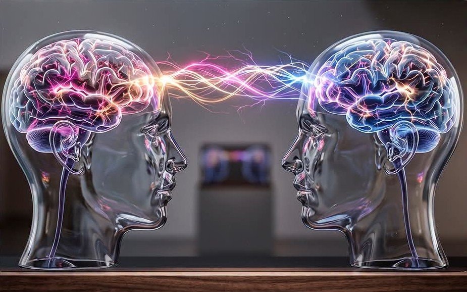 Two heads with glowing brains