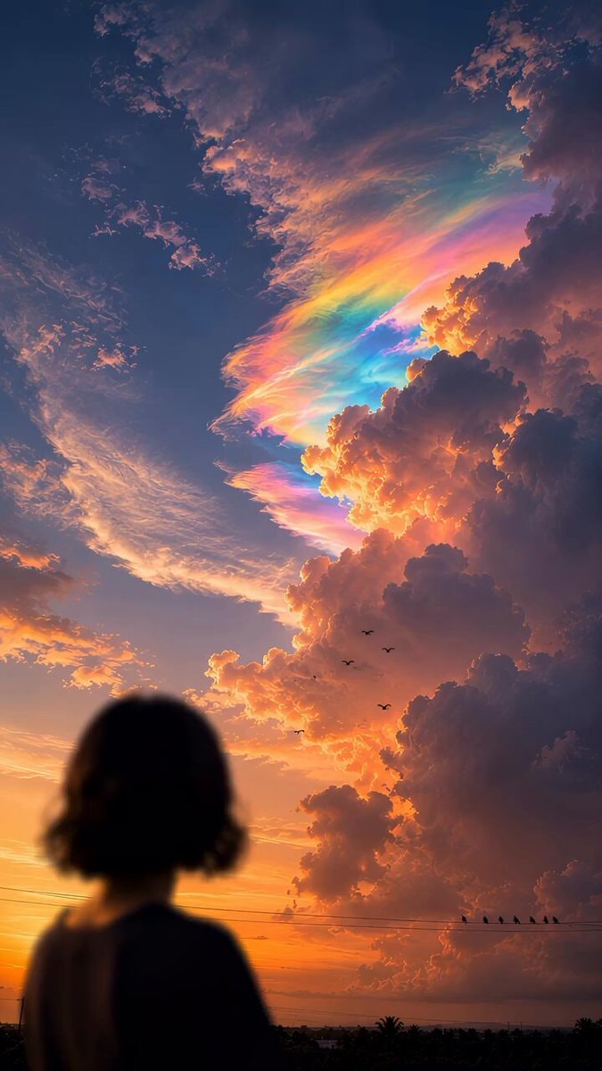 Silhouette looking at colorful sky with birds