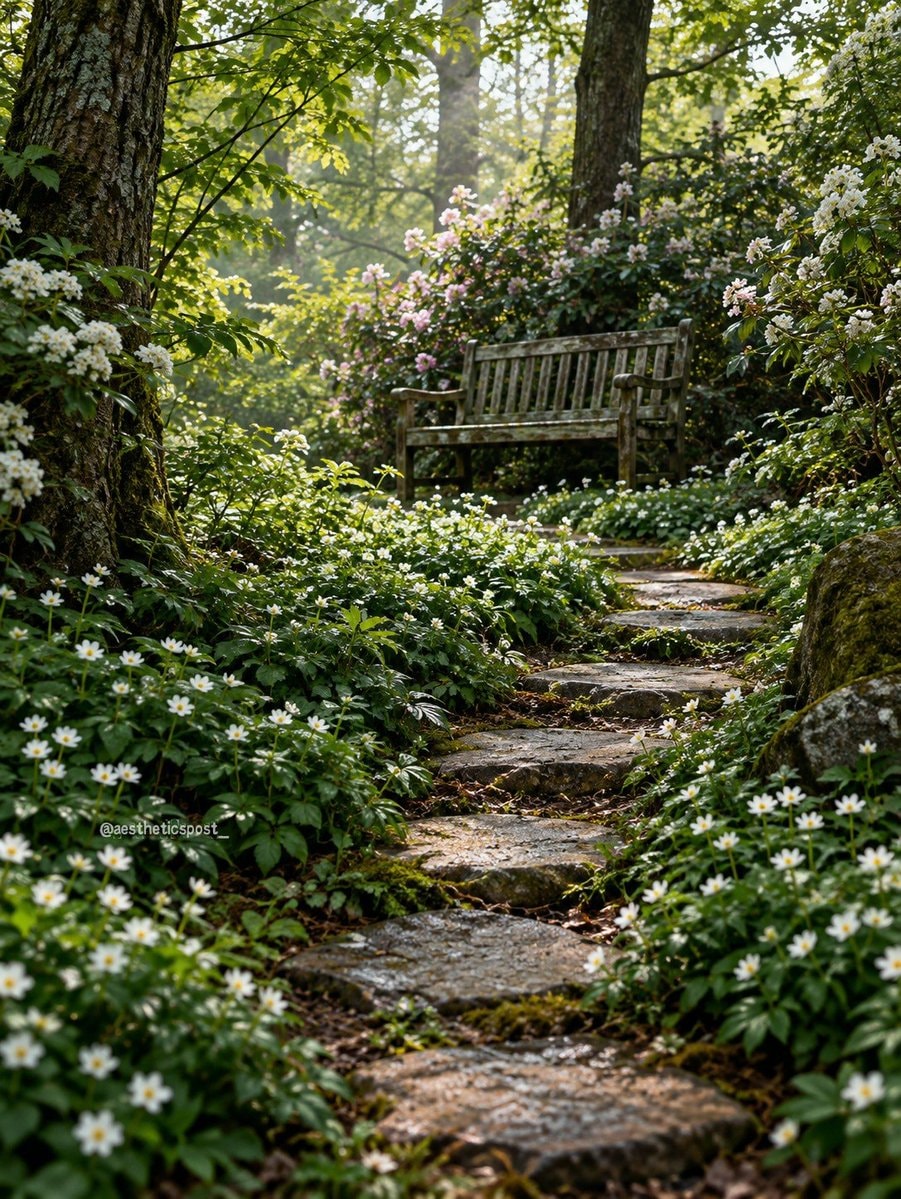 garden with stone path and bench