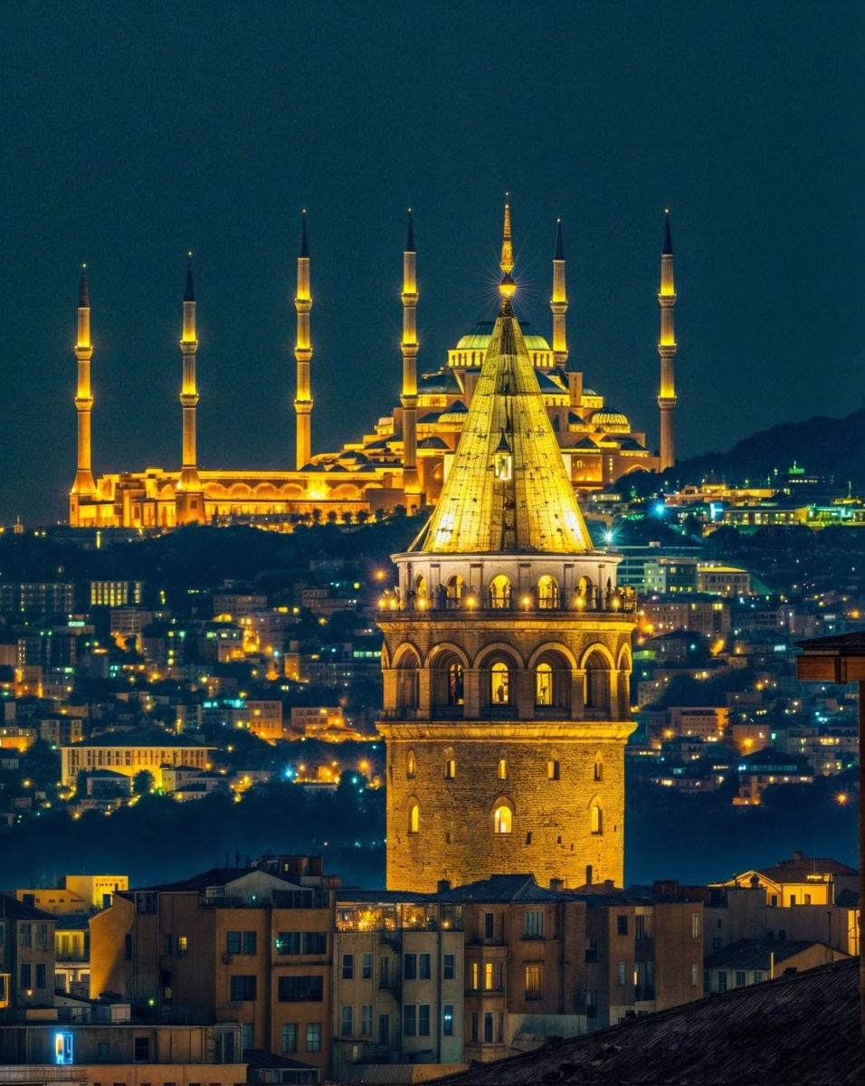 Istanbul Turkey Galata Tower Blue Mosque night