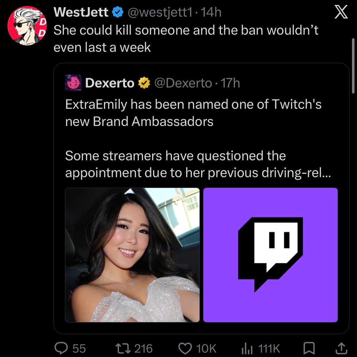 WestJett on Twitch naming ExtraEmily Brand Ambassador