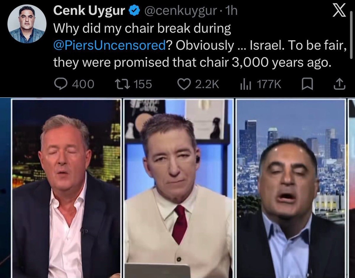 Cenk Uygur chair break Piers Morgan