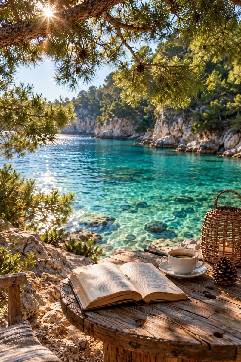 Book and coffee by the sea