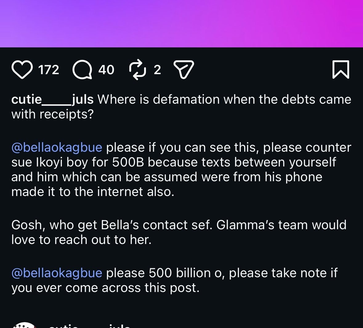 Cutie Juls Bella Sheggz defamation dispute (photo 2 of 2)