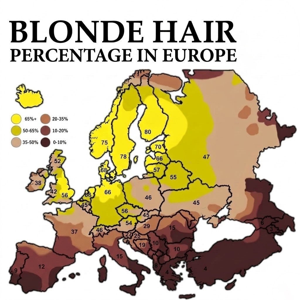 Blonde hair percentage in Europe map