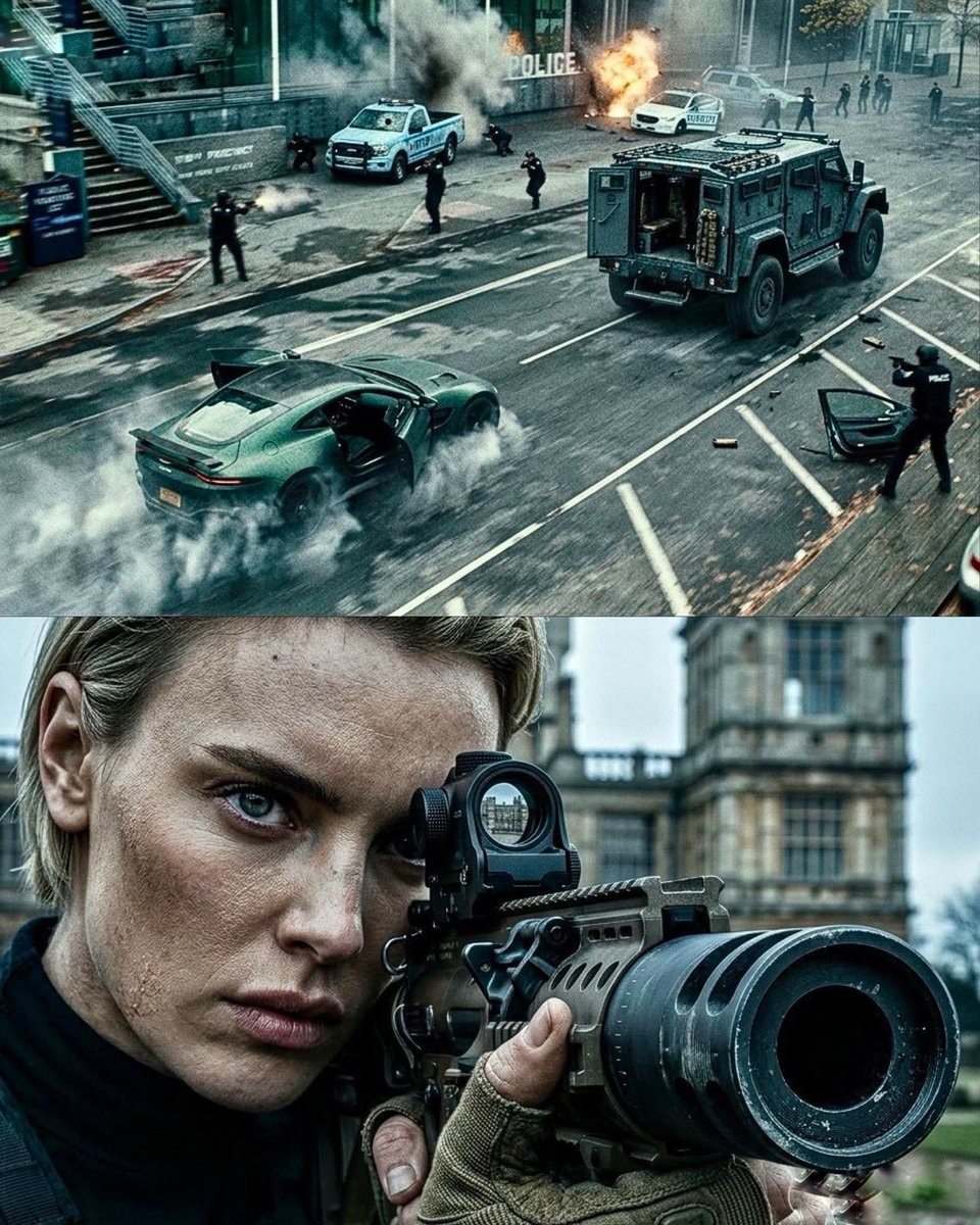 Action scene with police cars and woman aiming rifle