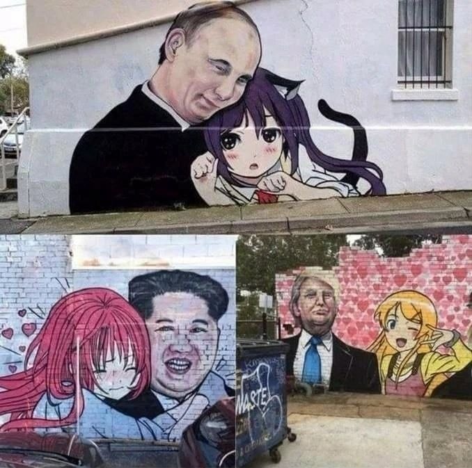 political figures and anime characters mural collage