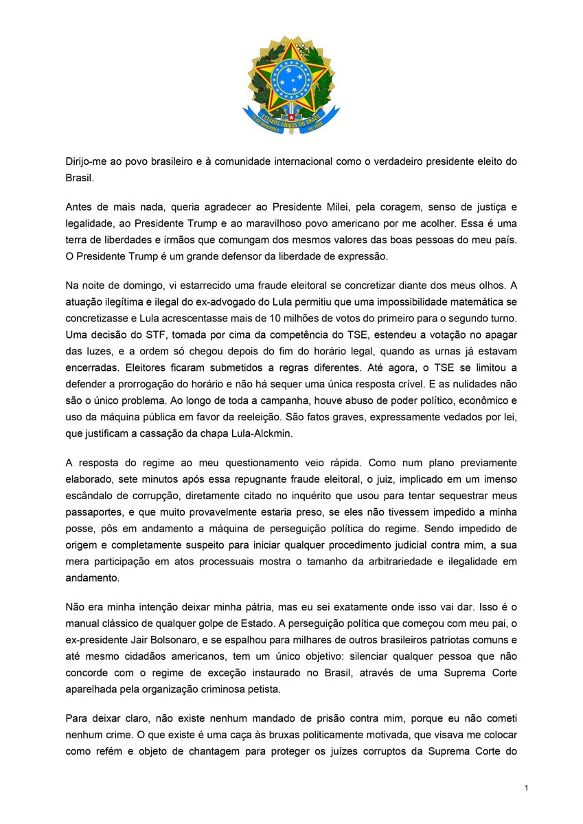 Flávio Bolsonaro letter from the US Flávio Bolsonaro letter from the US