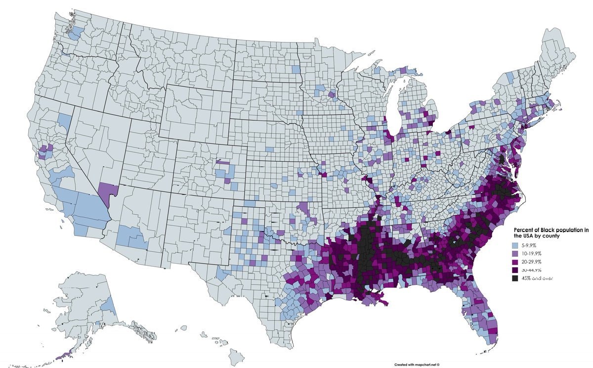 Black population share by U.S. county Black population share by U.S. county