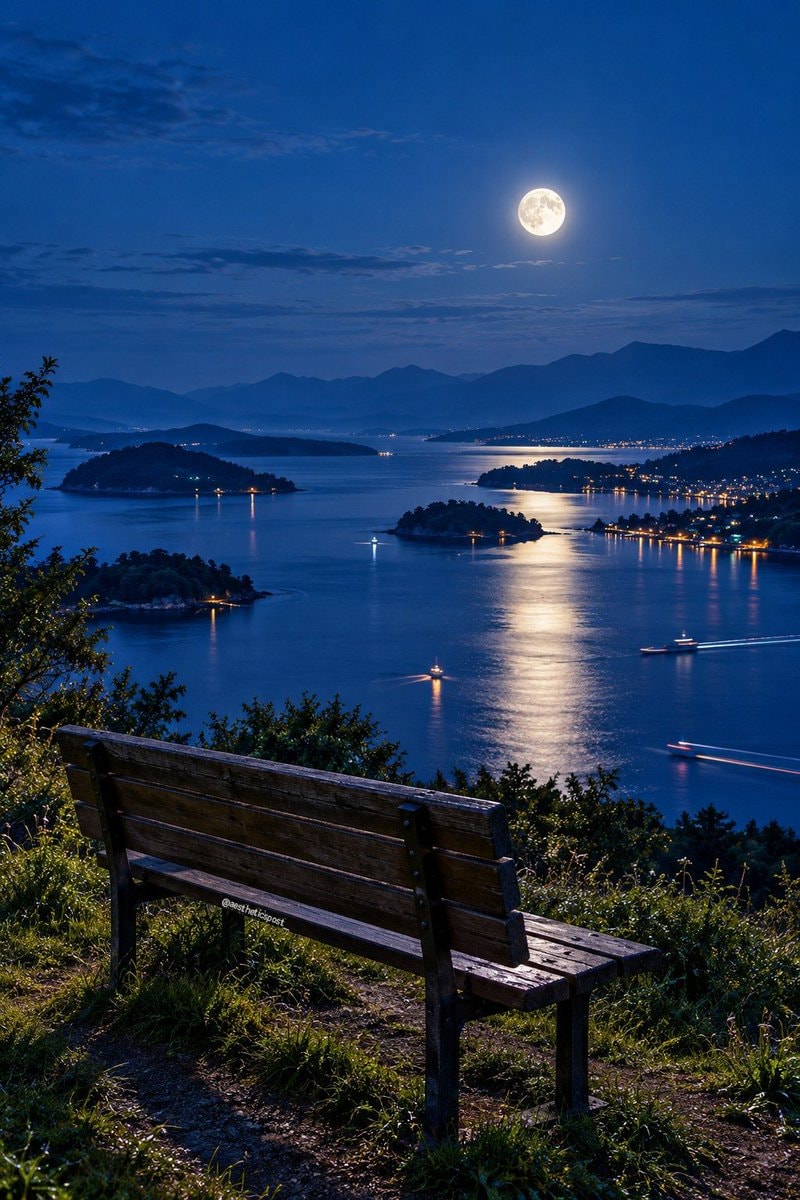 Full moon over calm water at night