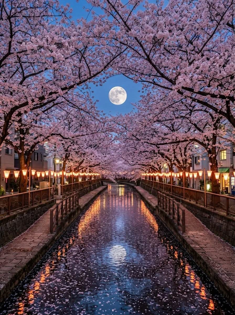 Meguro River cherry blossoms full moon