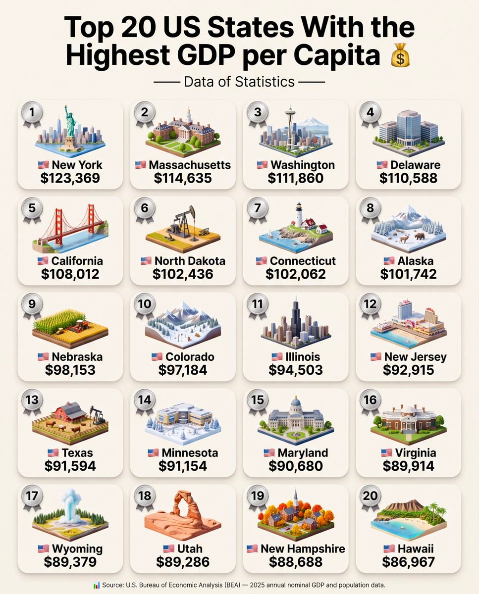 Top 20 US States Highest GDP per Capita