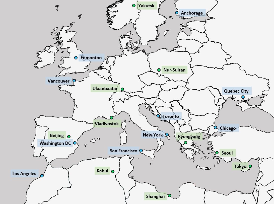 World cities aligned with Europe latitude