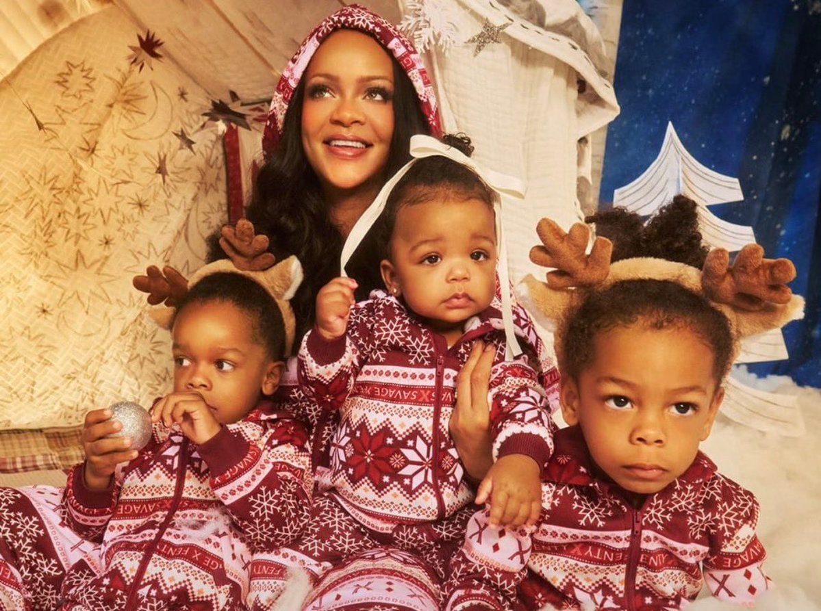 Rihanna with her kids in matching pajamas