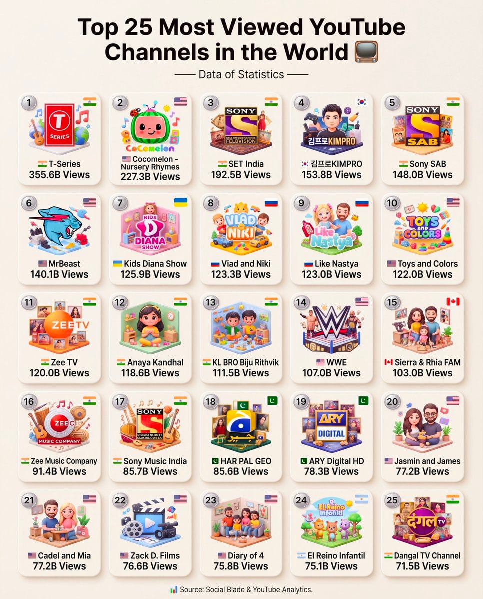 Most viewed YouTube channels ranked