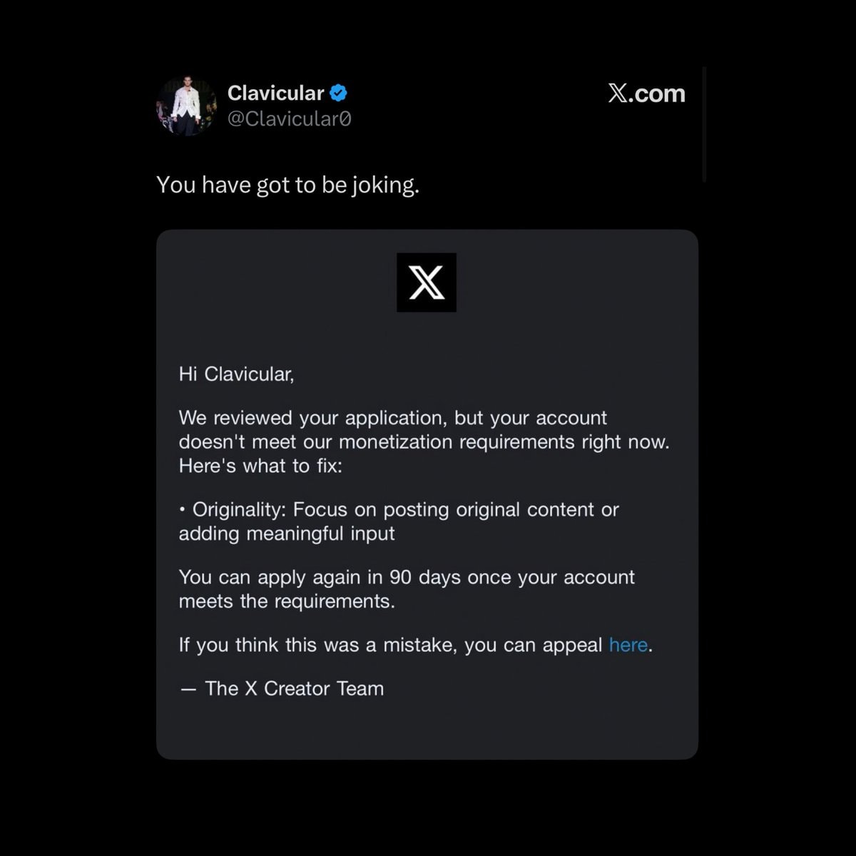 Clavicular denied from X monetization program