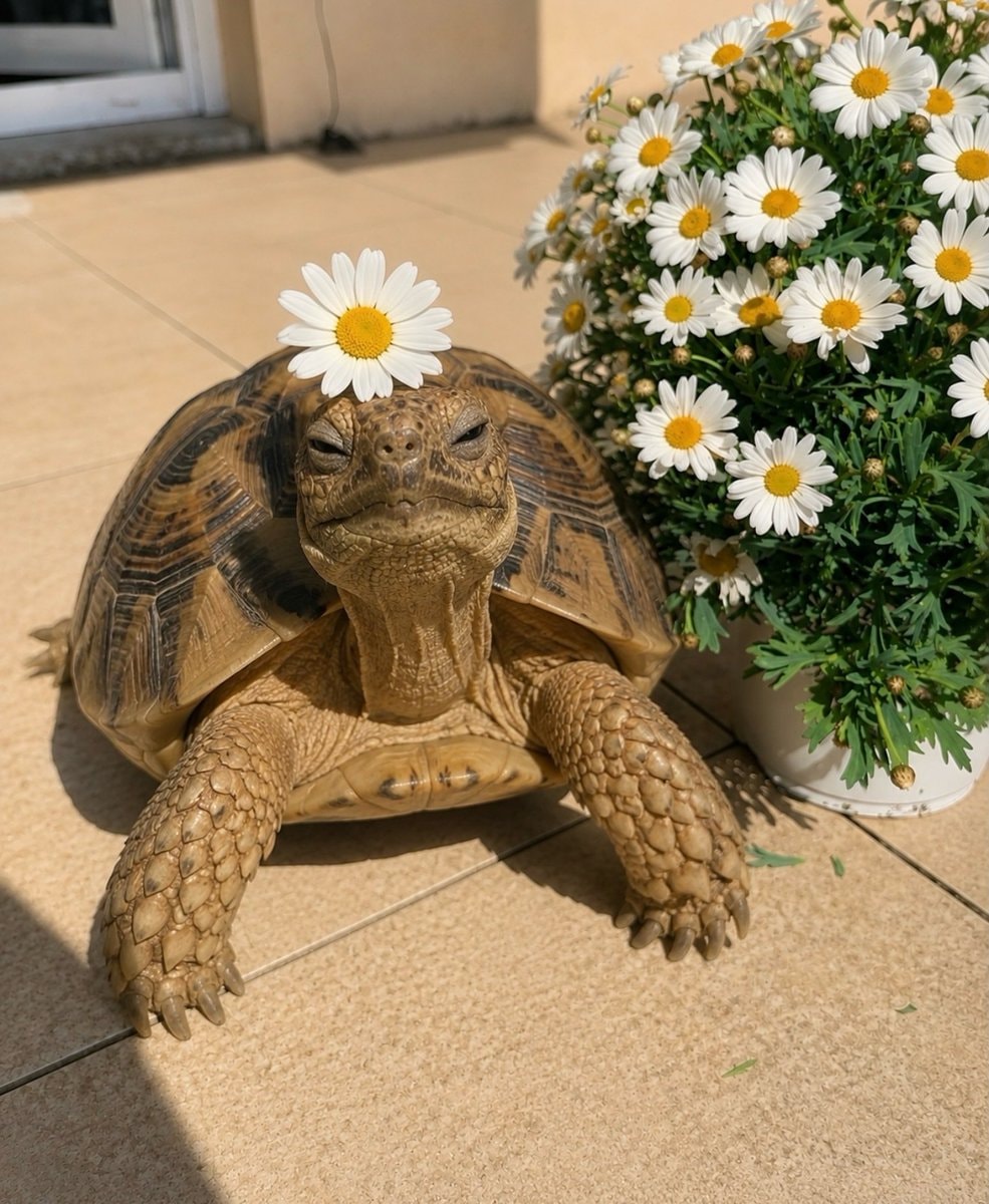 smug tortoise with daisy