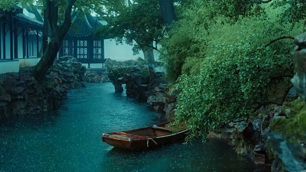 serene Chinese garden rain scene