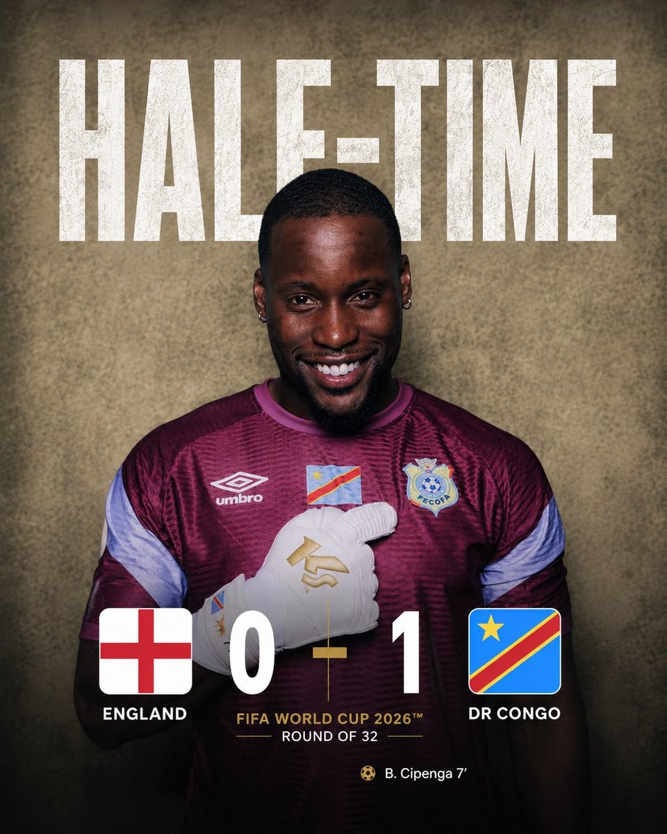 DR Congo leads England 1-0 at half-time World Cup 2026 DR Congo leads England 1-0 at half-time World Cup 2026