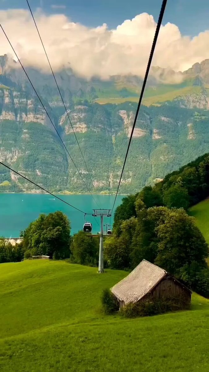 mountain lake and cable car
