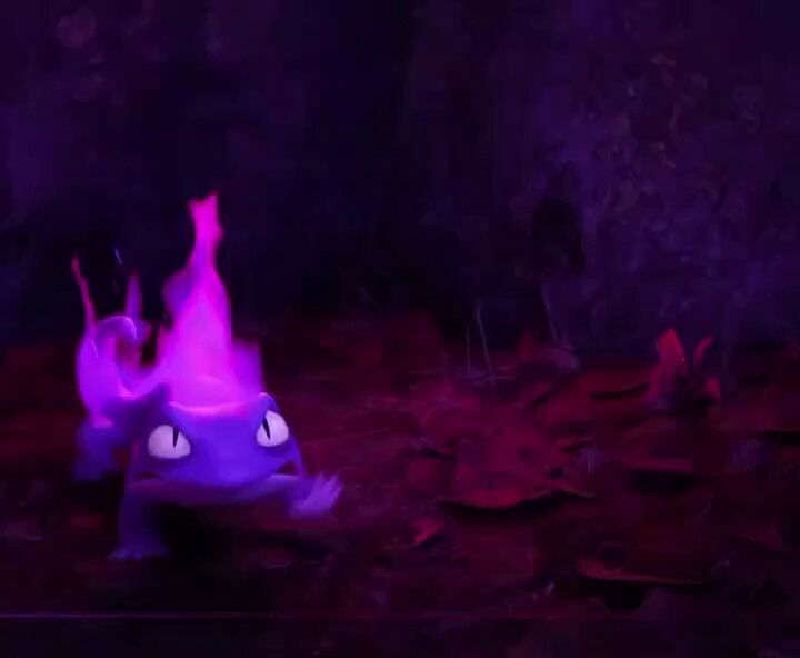 cartoon creature with pink flames