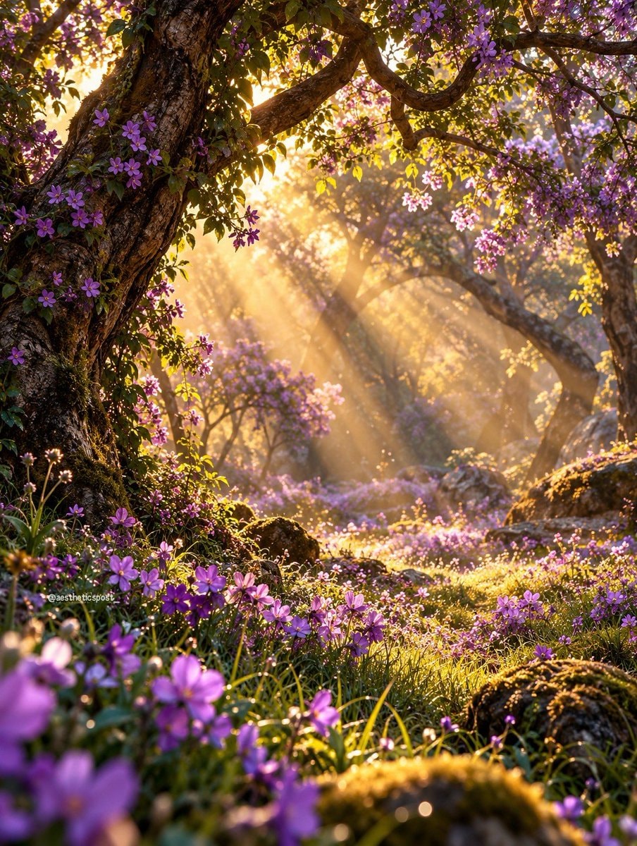 forest with purple wildflowers
