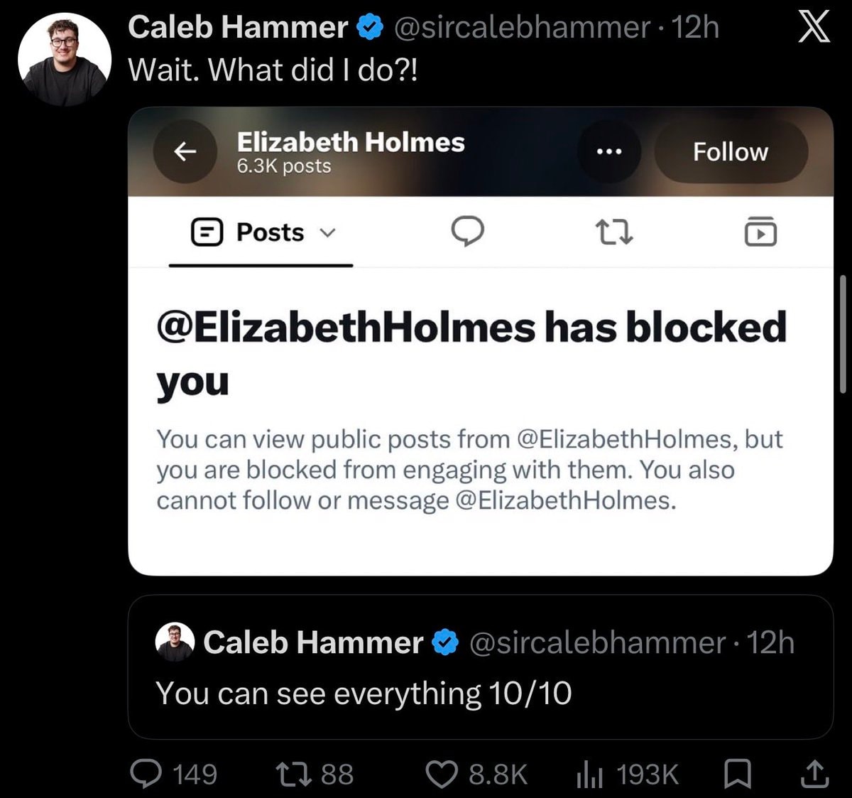 Elizabeth Holmes blocks Caleb Hammer