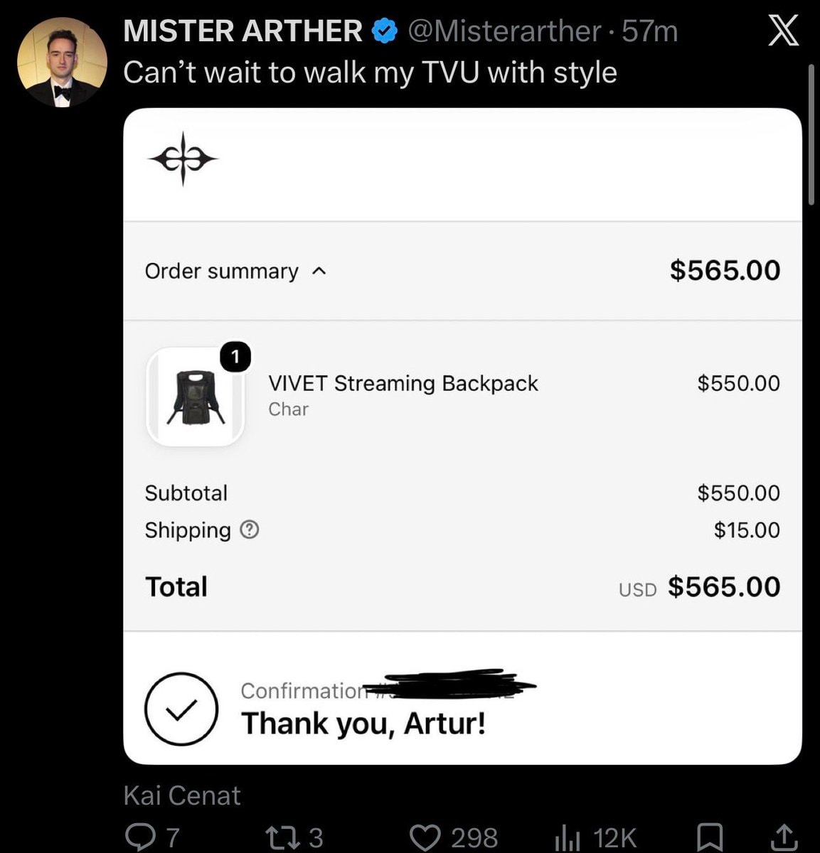 MisterArther buys Kai Cenat VIVET Backpack