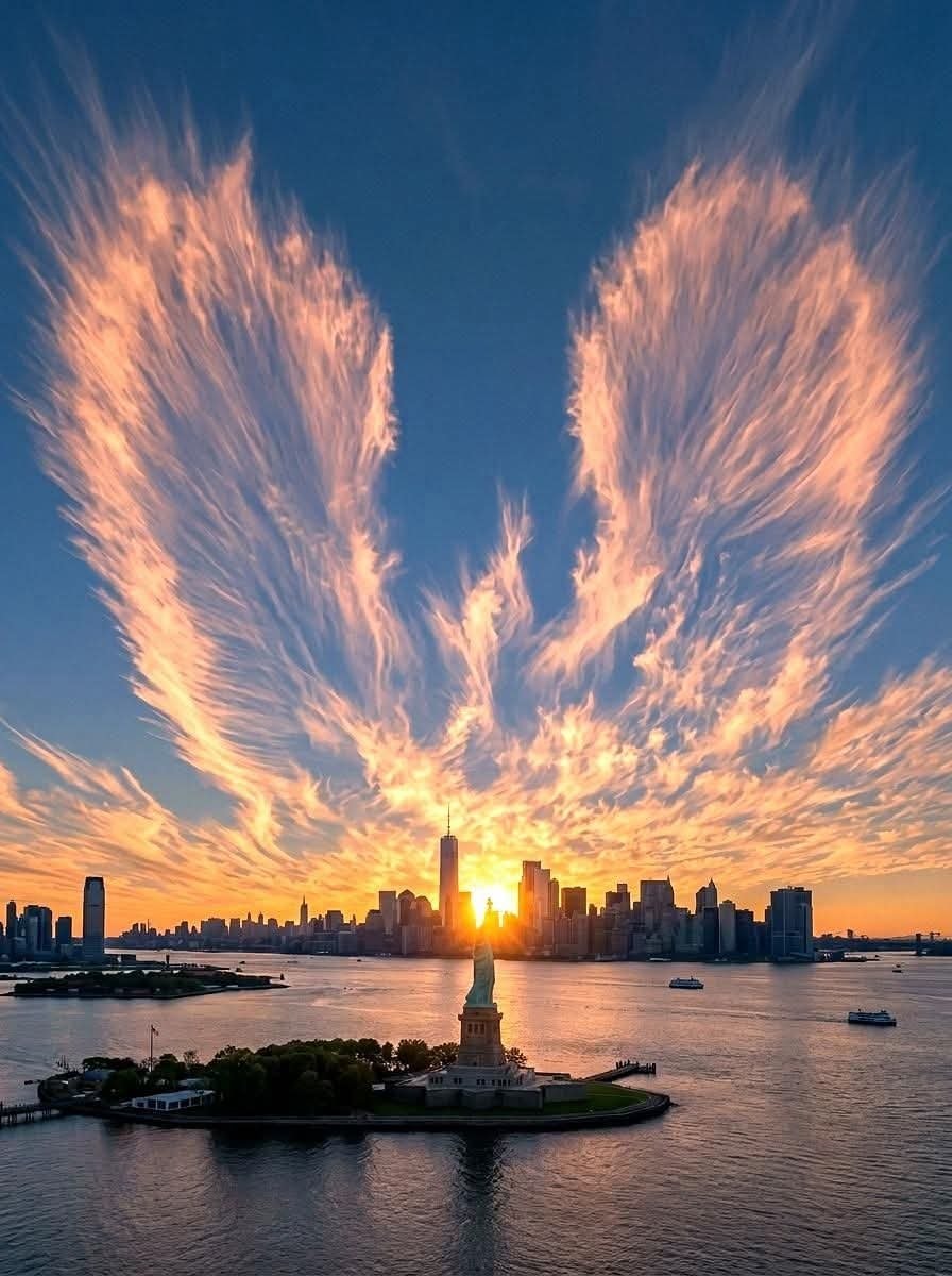 Angel clouds over Statue of Liberty sunset