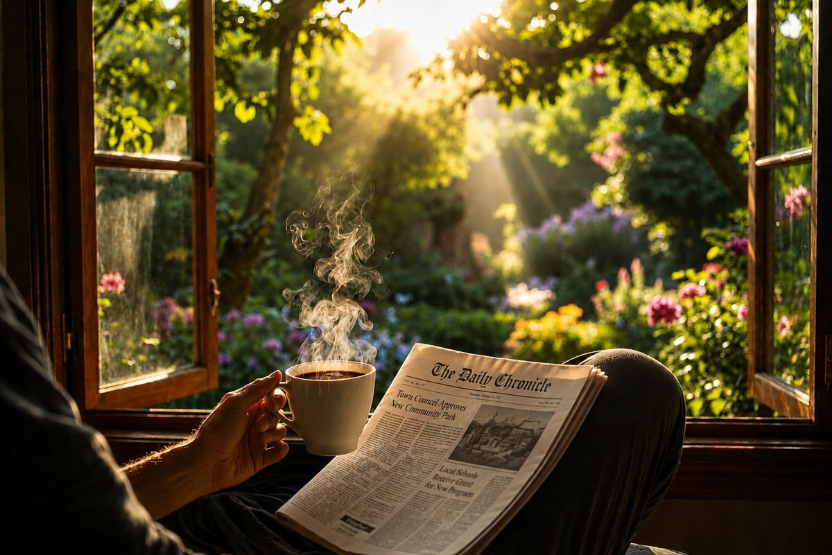 Peaceful morning coffee and newspaper Peaceful morning coffee and newspaper