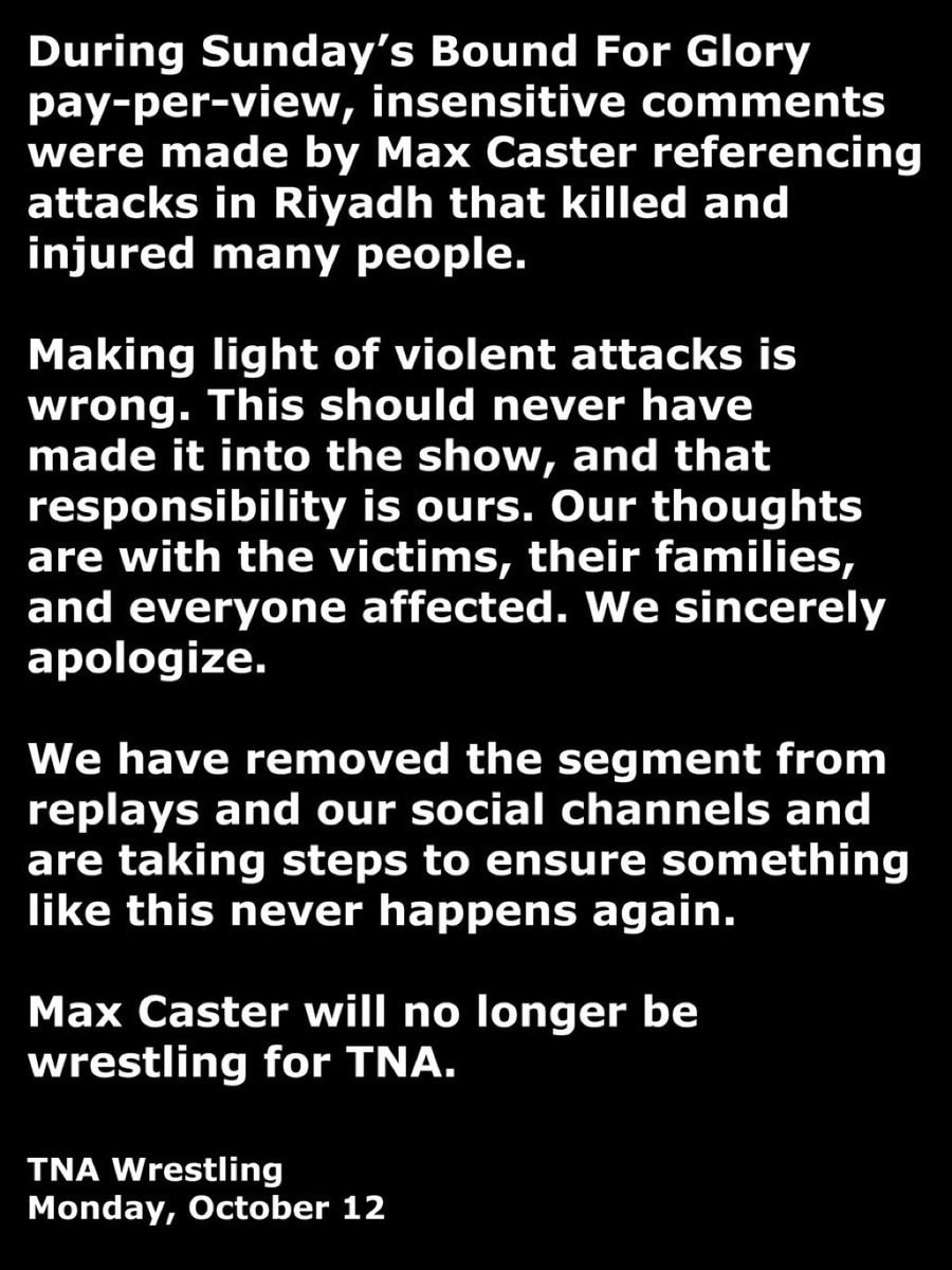 TNA statement on Max Caster