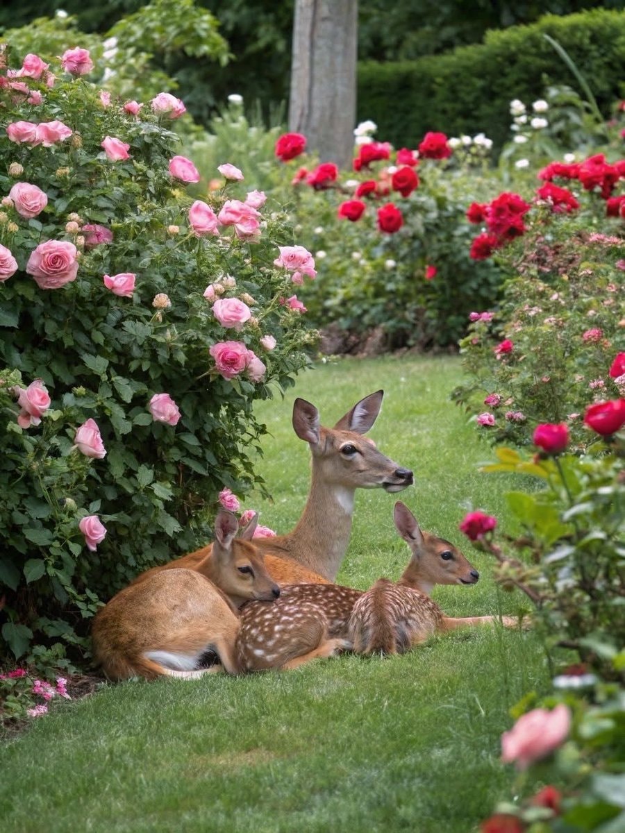 Doe and fawns in garden (photo 2 of 2)