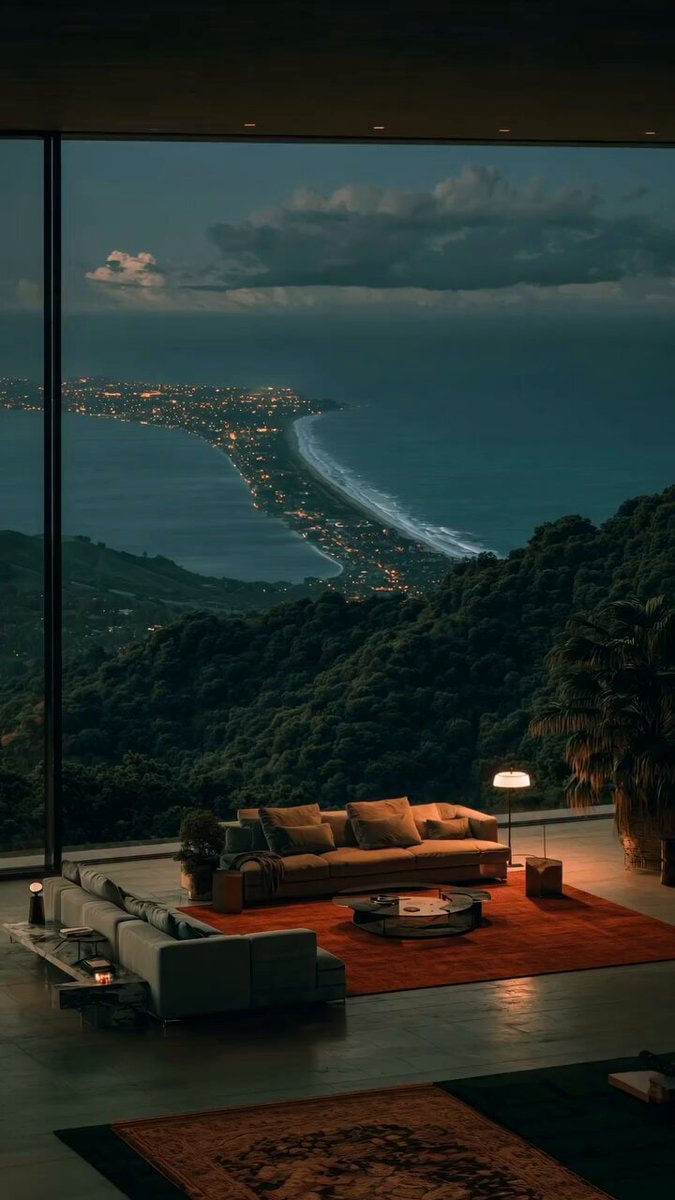 Luxury living room coastal night view