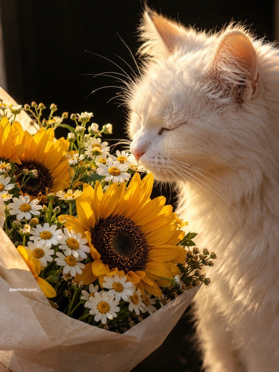 white cat with sunflowers and daisies