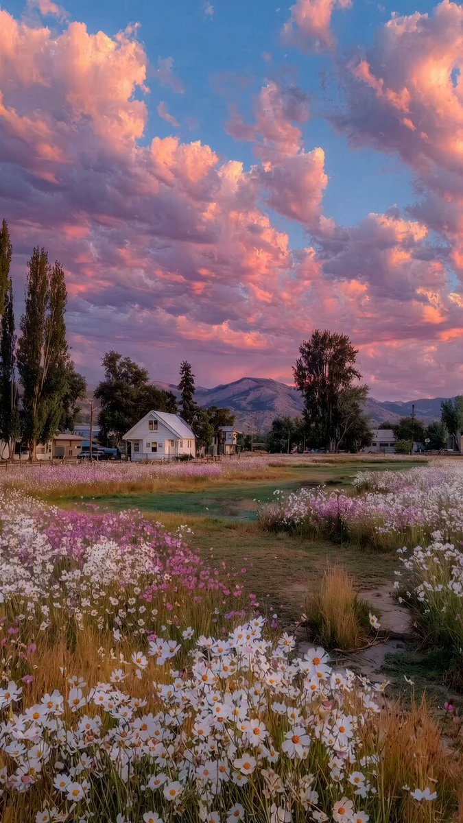 Serene countryside sunset with wildflowers