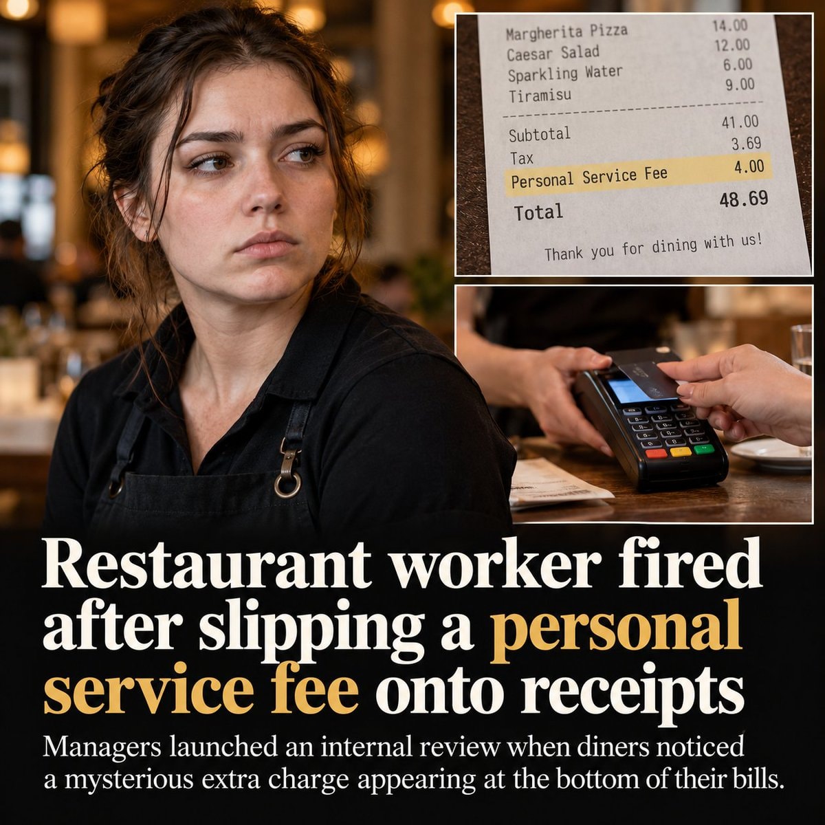 Restaurant worker fired over fake Personal Service Fee