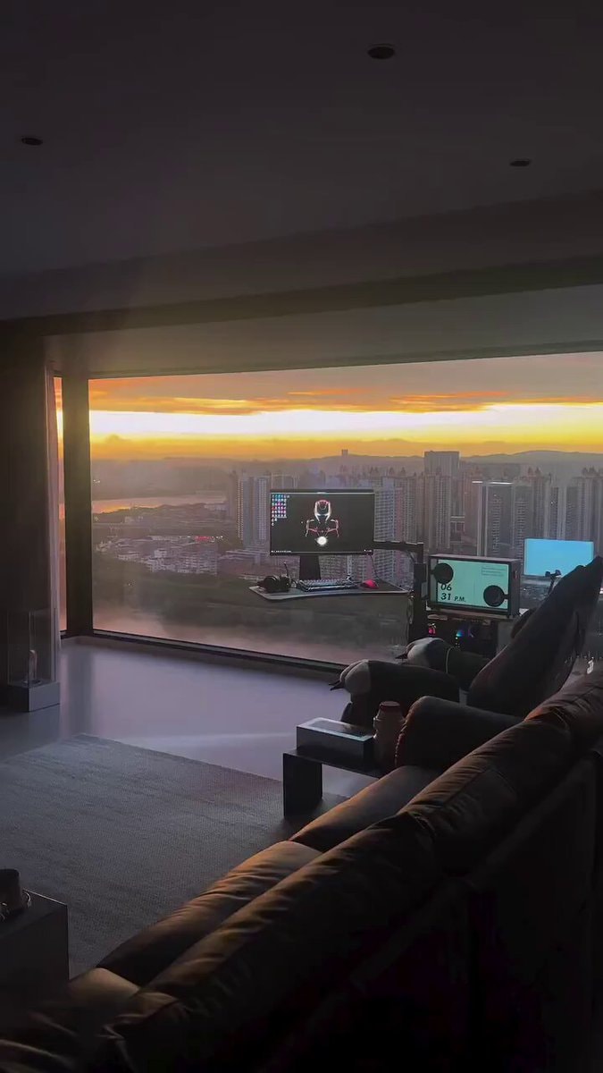 Apartment sunset view from gaming setup