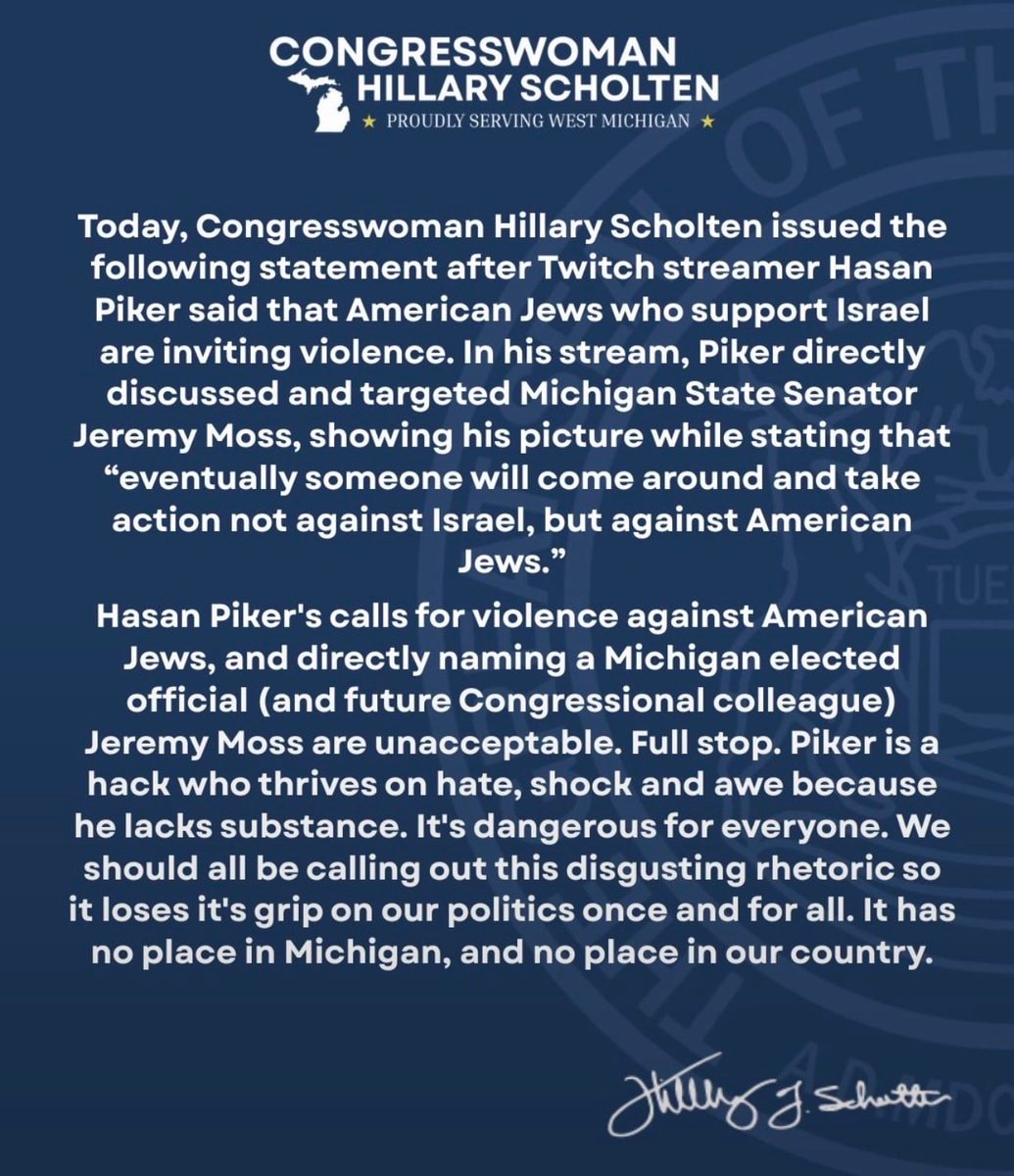 Hillary Scholten condemns Hasan Piker Hillary Scholten condemns Hasan Piker