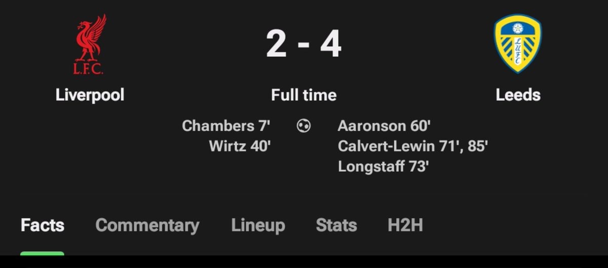 Liverpool 2-4 Leeds full time Liverpool 2-4 Leeds full time