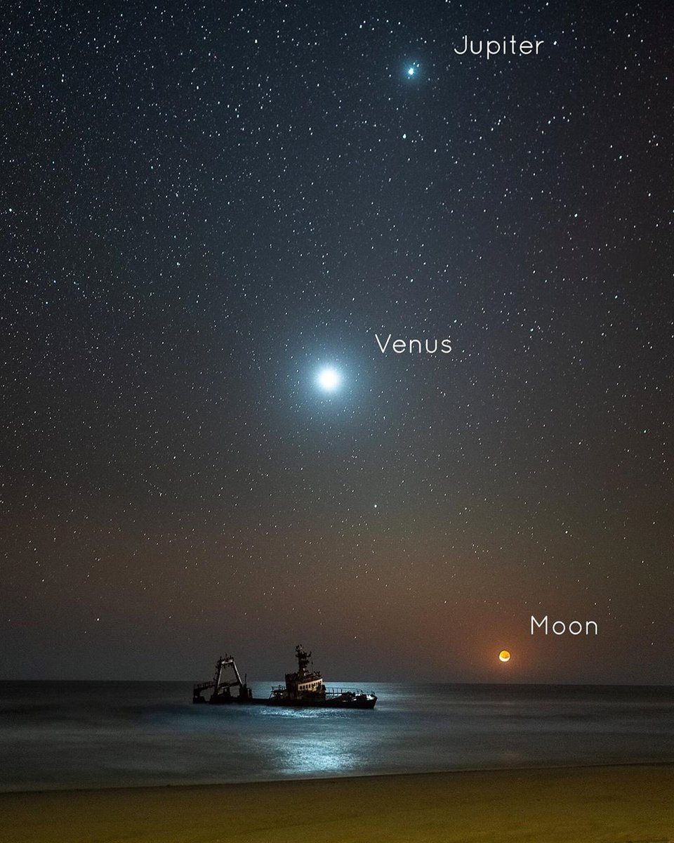 Moon Venus Jupiter over Namibia shipwreck