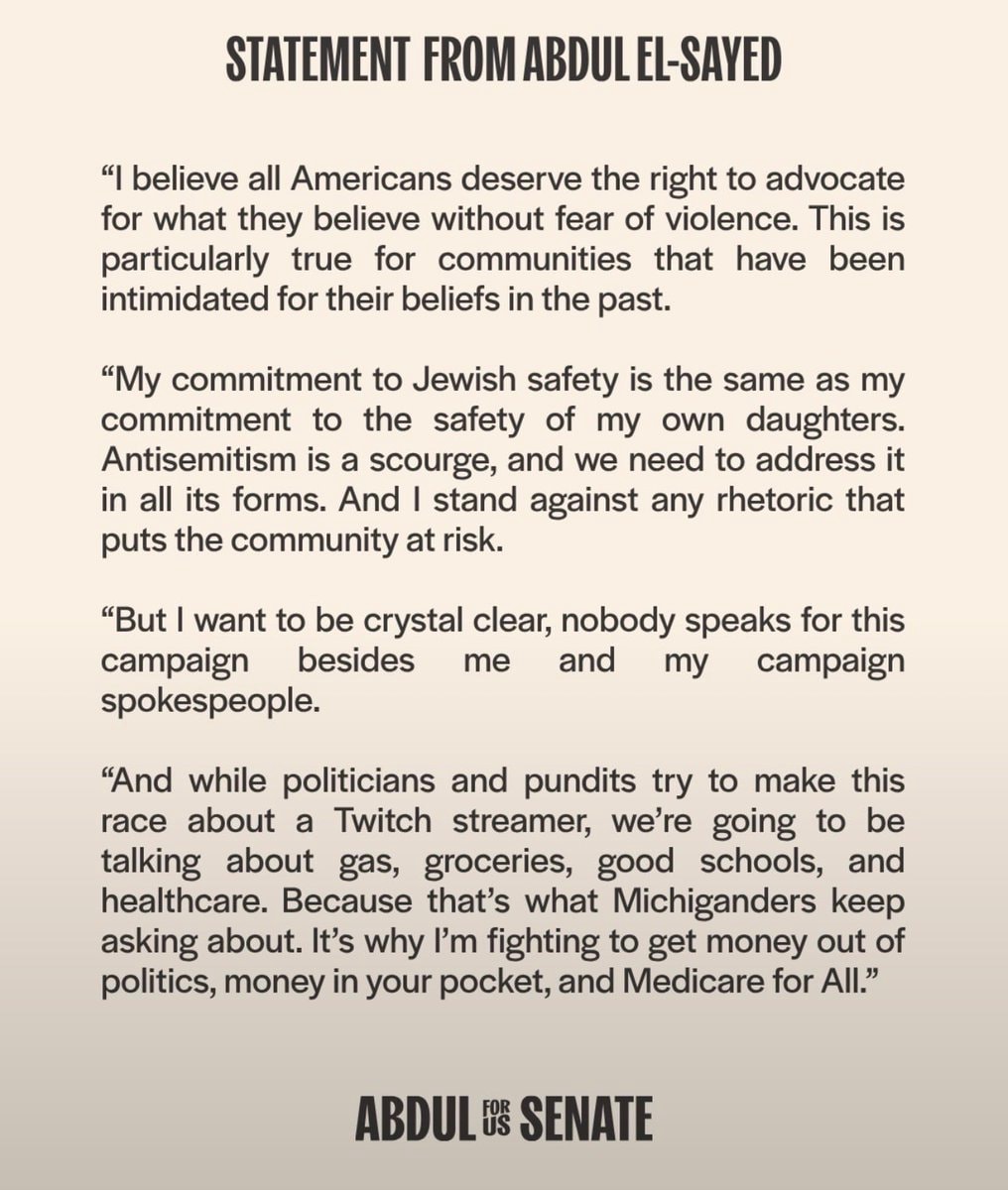 Abdul El-Sayed statement on Hasan Piker