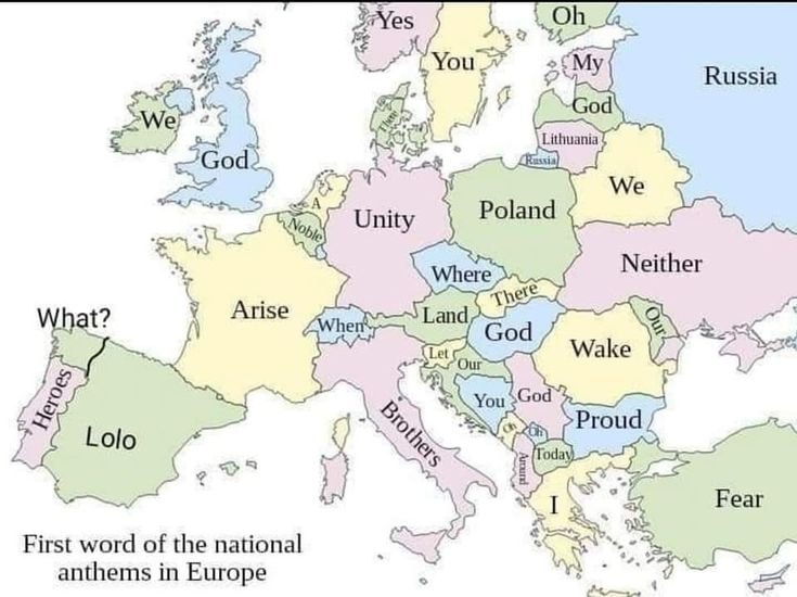 First word of national anthems in Europe map First word of national anthems in Europe map
