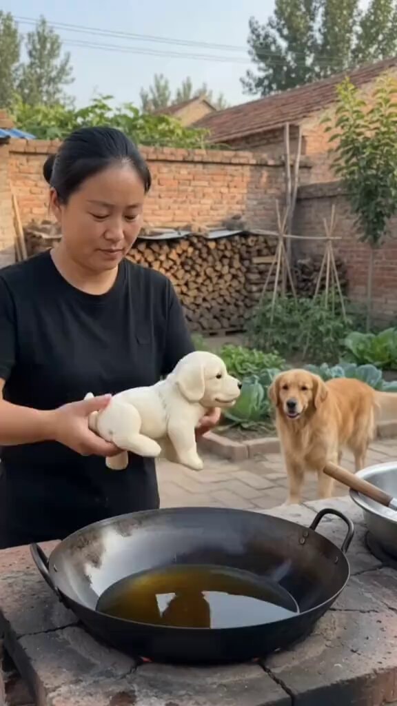 Woman holds stuffed dog over hot oil