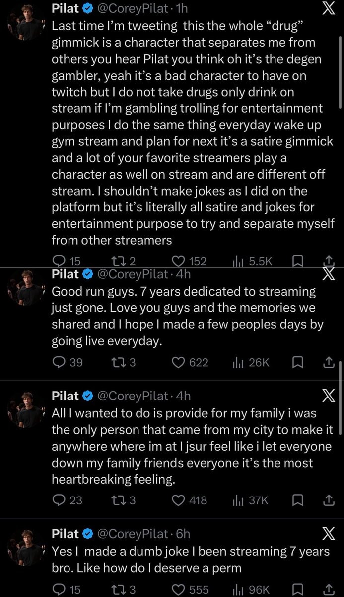 Pilat explains Twitch suspension