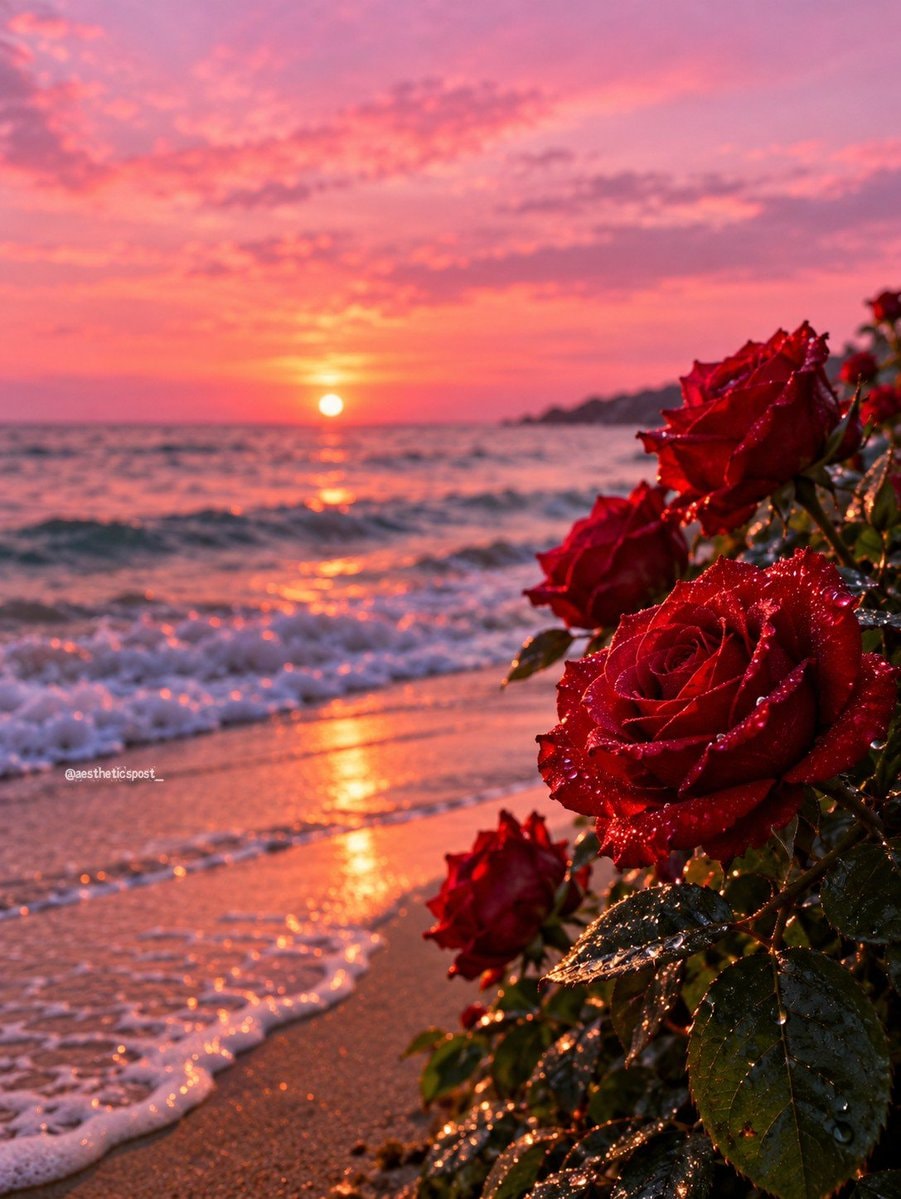 red roses beach sunset