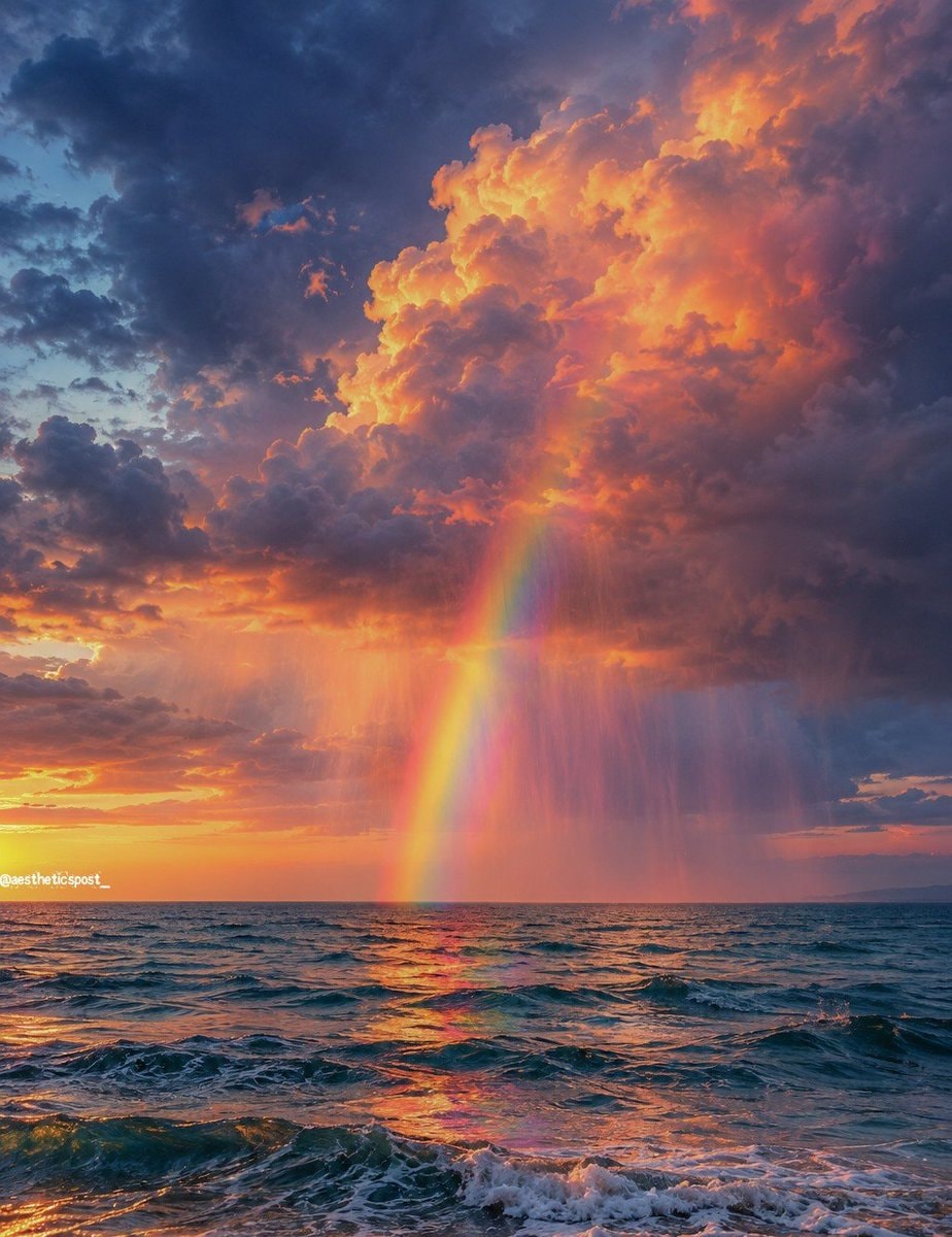 rainbow over stormy ocean sunset