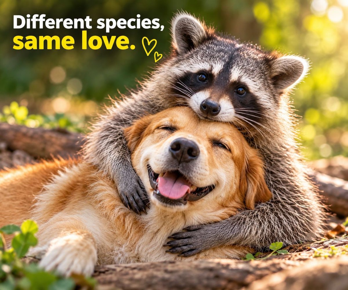 Raccoon hugs golden retriever ❤️