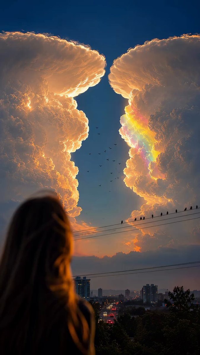 silhouette rainbow glowing clouds