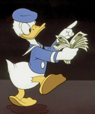 Donald Duck walking with money GIF