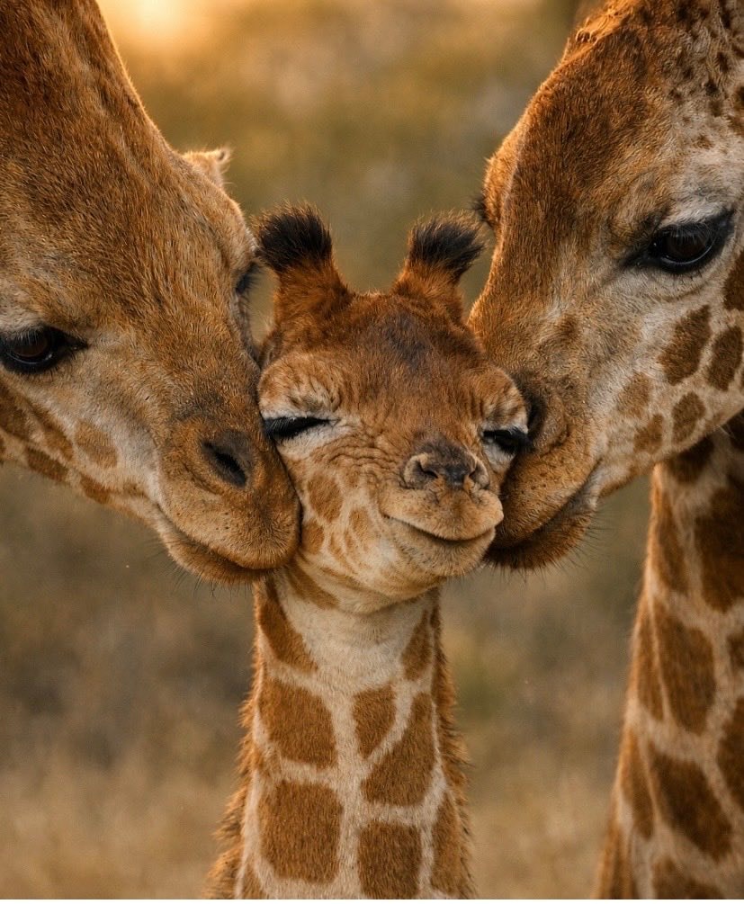 baby giraffe nuzzled by adults baby giraffe nuzzled by adults